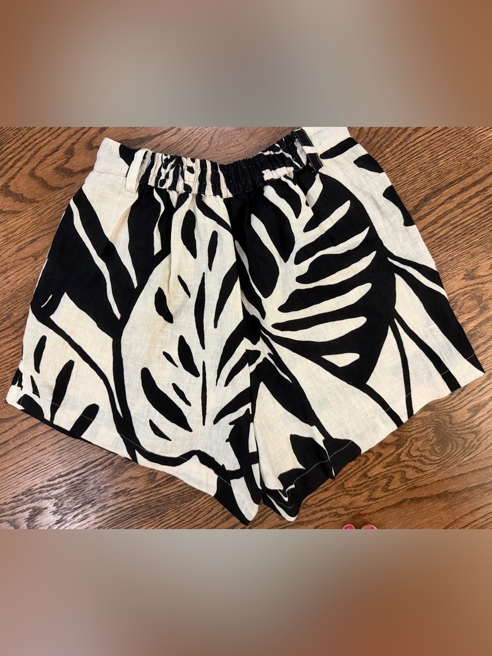 Vitamin A Black and Cream Tropical Leaf Linen Shorts